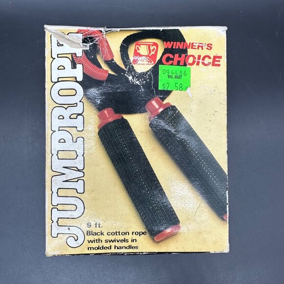 Vintage Jump Rope 9 Ft Winners Choice Black Red Cotton Rope Swivels 1980s Taiwan - Picture 2 of 10